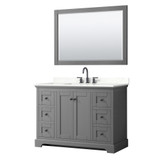 Wyndham Avery 48 Inch Single Bathroom Vanity in Dark Gray, Giotto Quartz Countertop, Undermount Square Sink (3-Hole), Matte Black Trim, 46 Inch Mirror - WCV232348SGBGTUS3M46