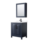 Wyndham Daria 30 Inch Single Bathroom Vanity in Dark Blue, White Quartz Countertop, Undermount Square Sink (1-Hole), Matte Black Trim, Medicine Cabinet - WCV252530SBBWQUNSMED