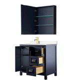 Wyndham Daria 36 Inch Single Bathroom Vanity in Dark Blue, White Quartz Countertop, Undermount Square Sink (1-Hole), Brushed Gold Trim, Medicine Cabinet - WCV252536SBLWQUNSMED