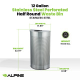 Alpine ALP438-12HR-SS 12 Gallon Stainless Steel Perforated Half Round Decorative Waste Receptacle