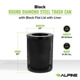 Alpine ALP4460-01-A Outdoor Diamond Steel Trash Can With Flat Lid, 36 Gallon, Black