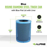 Alpine ALP4460-01-C Outdoor Diamond Steel Trash Can With Flat Lid, 36 Gallon, Blue