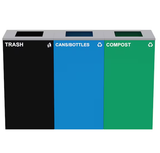 Alpine ALP4450-BLK-KIT29 87 Gal. 3-Stream Steel Blue Cans & Bottles, Green Compost, and Black Commercial Trash Can Station