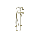 Cheviot Free Standing Tub Filler With Handshower and Stop Valves, Cross Handles, Satin Brass - 5102/3970-SB