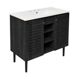 Swiss Madison Bron 36" Freestanding Bathroom Vanity - Black Oak with White 3-Hole Widespread Sink Top - SM-BV6202AO-3W Swiss Madison Bron 36" Freestanding Bathroom Vanity - Black Oak with White 3-Hole Widespread Sink Top - SM-BV6202AO-3W
