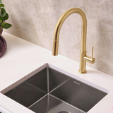 Ruvati Vestia Single Handle Pull Down Kitchen Faucet Knurled Modern Arc with Sprayer in Brushed Gold - RVF1237SG