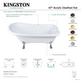 Kingston Brass 67" Acrylic Classic Flat-Rim Single Slipper Clawfoot Tub (7" Faucet Drillings), Glossy White/Brushed Brass - VT7DE672826WAC7