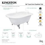 Kingston Brass 54" Cast Iron Oval Rectangular Roll Top Clawfoot Tub (3-3/8" Wall Drillings), White/Polished Brass - VCT3D543019NT2