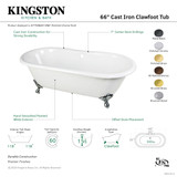 Kingston Brass 66" Cast Iron Oval Double Ended Clawfoot Tub (7" Faucet Drillings), White/Polished Brass - VCT7D663013NB2