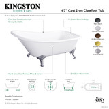 Kingston Brass 67" Cast Iron Classic Flat-Rim Single Slipper Clawfoot Tub (7" Faucet Drillings), White/Brushed Brass - VCT7D6630NF7