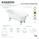 Kingston Brass 61" Cast Iron Oval Single Slipper Clawfoot Tub (7" Faucet Drillings), White/Brushed Brass - VCT7D653129B7