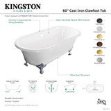 Kingston Brass 60" Cast Iron Oval Double Ended Clawfoot Tub (No Faucet Drillings), White/Polished Brass - VCTND603017NB2