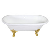 Kingston Brass 72" Cast Iron Oval Double Ended Clawfoot Tub (No Faucet Drillings), White/Brushed Brass - VCTDE7232NL7