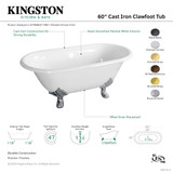 Kingston Brass 60" Cast Iron Oval Double Ended Clawfoot Tub (No Faucet Drillings), White/Polished Brass - VCTND603119NC2