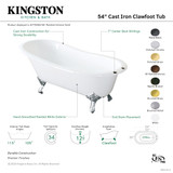 Kingston Brass 54" Cast Iron Oval Single Slipper Clawfoot Tub (7" Faucet Drillings), White/Brushed Brass - VCT7D5431B7