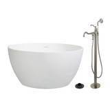 Kingston Brass 45" Solid Surface Round Double Ended Freestanding Tub with Faucet Combo and Drain, Brushed Nickel - KRTRO4545138AL