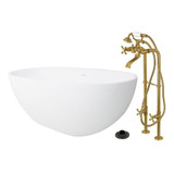 Kingston Brass 65" Solid Surface Oval Double Ended Freestanding Tub with Faucet Combo and Drain, Brushed Brass - KRTRS6531266K7