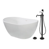 Kingston Brass 57" Solid Surface Oval Double Slipper Freestanding Tub with Faucet Combo and Drain, Matte Black - KRTRS5732130AL