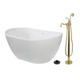 Kingston Brass 57" Solid Surface Oval Double Slipper Freestanding Tub with Faucet Combo and Drain, Polished Brass - KRTRS5732132AL