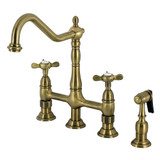 Kingston Brass Essex Bridge Kitchen Faucet with Brass Sprayer, Antique Brass - KS1273BEXBS
