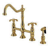 Kingston Brass French Country Bridge Kitchen Faucet with Brass Sprayer, Brushed Brass - KS1277TXBS