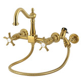 Kingston Brass Hamilton Two-Handle Wall Mount Bridge Kitchen Faucet with Brass Sprayer, Brushed Brass - KS1267NXBS