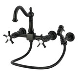 Kingston Brass Hamilton Two-Handle Wall Mount Bridge Kitchen Faucet with Brass Sprayer, Matte Black - KS1260NXBS