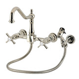 Kingston Brass Millennium Two-Handle Wall Mount Bridge Kitchen Faucet with Brass Sprayer, Polished Nickel - KS1246ZXBS