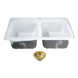 Kingston Brass Petra Galley 33" Cast Iron Self-Rimming Double Bowl Drop-In Kitchen Sink (2-Hole) with Basket Strainers x 2, White/Brushed Brass - KGT33229D27