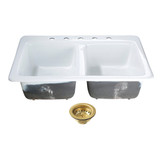 Kingston Brass Petra Galley 33" Cast Iron Self-Rimming Double Bowl Drop-In Kitchen Sink (5-Hole) with Basket Strainers x 2, White/Brushed Brass - KGT33229D57