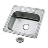 Kingston Brass Studio 25" Stainless Steel Self-Rimming Single Bowl Drop-In Kitchen Sink (3-Hole) with Strainer, Stainless Steel/Polished Chrome - KGKTS25201