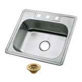 Kingston Brass Studio 25" Stainless Steel Self-Rimming Single Bowl Drop-In Kitchen Sink (3-Hole) with Strainer, Stainless Steel/Brushed Brass - KGKTS25207