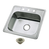 Kingston Brass Studio 25" Stainless Steel Self-Rimming Single Bowl Drop-In Kitchen Sink (3-Hole) with Strainer, Stainless Steel/Brushed Nickel - KGKTS25208