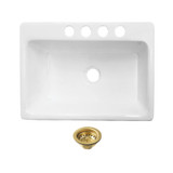 Kingston Brass Towne 33" Cast Iron Single Bowl Undermount Kitchen Sink (4-Hole) with Strainer, White/Brushed Brass - KGCKUS332297
