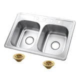 Kingston Brass Studio 33" Stainless Steel Self-Rimming Double Bowl Drop-In Kitchen Sink (4-Hole) with Strainer, Stainless Steel/Brushed Brass - KGKTD332267
