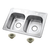 Kingston Brass Studio 33" Stainless Steel Self-Rimming Double Bowl Drop-In Kitchen Sink (4-Hole) with Strainer, Stainless Steel/Brushed Nickel - KGKTD332268