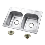 Kingston Brass Studio 33" Stainless Steel Self-Rimming Double Bowl Drop-In Kitchen Sink (4-Hole) with Strainer, Stainless Steel/Brushed Nickel - KGKTD332278