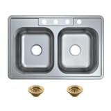 Kingston Brass Studio 33" Stainless Steel Self-Rimming Double Bowl Drop-In Kitchen Sink (4-Hole) with Strainer, Stainless Steel/Brushed Brass - KGKTD332287