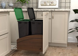 Rev-A-Shelf Craftsman Collection Double Black 50 Qt. Solid Walnut Bottom Mount Pullout Waste Container w/ Black Accents, (2) Lids and BLUM Soft-Close Slides for 18" Base Cabinets - 4WCCC-WN-1850DM-218MB