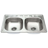 Fine Fixtures 33" x 22" x 6" - 20 Gauge Top Mount Double Bowl Stainless Steel Kitchen Sink -Four Hole - S454
