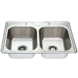 Fine Fixtures 33" x 22" x 8" - 20 Gauge Top Mount Double Bowl Stainless Steel Kitchen Sink - Three Hole - S451