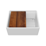 Whitehaus 24" Front Apron Single Bowl Fireclay Workstation Kitchen Sinks With Walnut Wood Cutting Board And Stainless Steel Grid, White