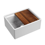 Whitehaus 24" Front Apron Single Bowl Fireclay Workstation Kitchen Sinks With Walnut Wood Cutting Board And Stainless Steel Grid, White