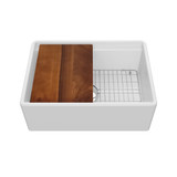 Whitehaus 27" Front Apron Single Bowl Fireclay Workstation Kitchen Sinks With Walnut Wood Cutting Board And Stainless Steel Grid, White