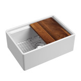 Whitehaus 27" Front Apron Single Bowl Fireclay Workstation Kitchen Sinks With Walnut Wood Cutting Board And Stainless Steel Grid, White