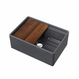 Whitehaus 27" Front Apron Single Bowl Fireclay Workstation Kitchen Sinks With Walnut Wood Cutting Board And Stainless Steel Grid, Dark Gray