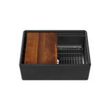 Whitehaus 27" Front Apron Single Bowl Fireclay Workstation Kitchen Sinks With Walnut Wood Cutting Board And Stainless Steel Grid, Matte Black