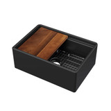 Whitehaus 27" Front Apron Single Bowl Fireclay Workstation Kitchen Sinks With Walnut Wood Cutting Board And Stainless Steel Grid, Matte Black
