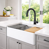 HamatUSA Kilncrest 33" Apron-Front Fireclay Workstation Single Bowl Kitchen Sink, Matte White