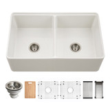 HamatUSA Kilncrest 33" Apron-Front Fireclay Workstation Double Bowl Kitchen Sink, Matte White